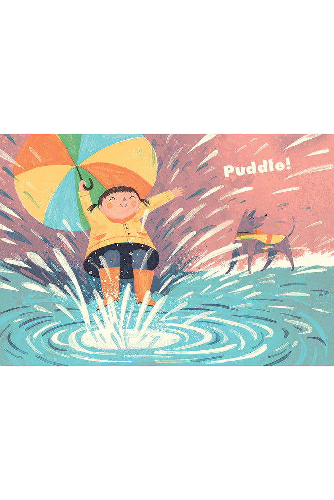 A page of a girl jumping in a puddle from the book Hello Rain
